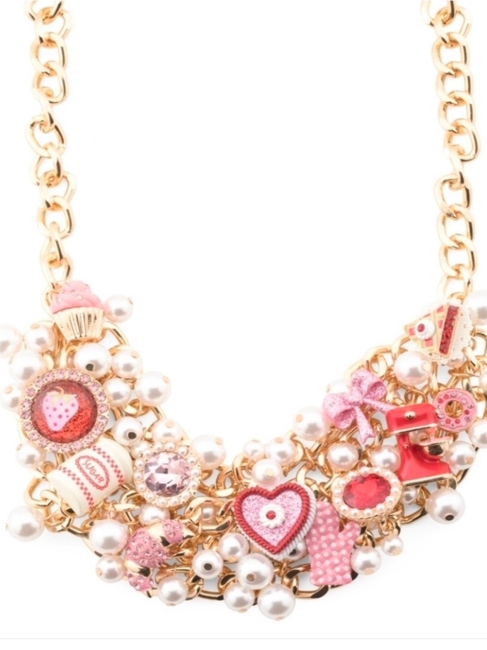 Betsey Johnson Gold-Tone Baking Theme Bib Necklace with Pink Accents and Pearls